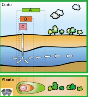 Figura 4: Perímetros de Protecção. Legenda: A – Zona de Protecção Alargada; B – Zona de Protecção  Intermédia; C – Zona de Protecção Imediata