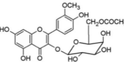 Figura 1. Estrutura química da isorhamnetina 3-O- b-D-(6’’-acetil)-galacto- b-D-(6’’-acetil)-galacto-piranosídeo detectada em EEF