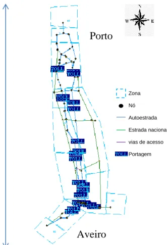 Figura 5 - Rede de tráfego rodoviário em estudo (Porto- Aveiro). 