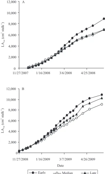 Table 2. Coefficients of the power function (y = ax b ) for the  allometric relationship between individual area of expanded  leaves (y = LA exp ) and expanded leaf number (x = LN exp )  on the main stalk of three sugarcane clones (Early = IAC  822045, Med