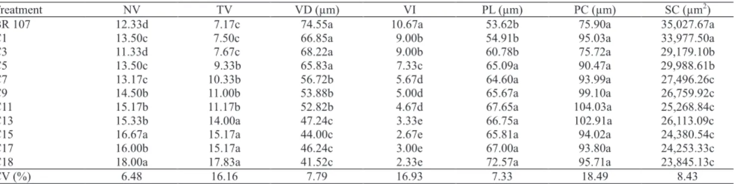 Table 2. Parameters measured midrib anatomical parameters from successive selection cycles (C1 to C18) of 'Saracura' maize  submitted to intermittent flooding (1) .