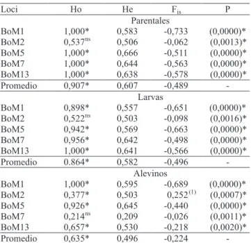 Cuadro 2. Heterocigosidad observada (Ho) y esperada  (He), coe! ciente de endogamia (F is ) y test de probabilidad  para el equilibrio de Hardy-Weinberg (P HW ), estimados en  los parentales, larvas y alevinos de Brycon orbignyanus, en  el sistema reproduc