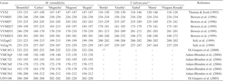 Table 4.  Allele sizes (bp) of Muscadinia rotundifolia and Vitis labruscana cultivars used as parents.