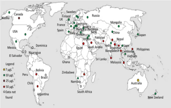 Figure 2-3Affected countries and their respective MCL (source: Mondal et  al.,2013  