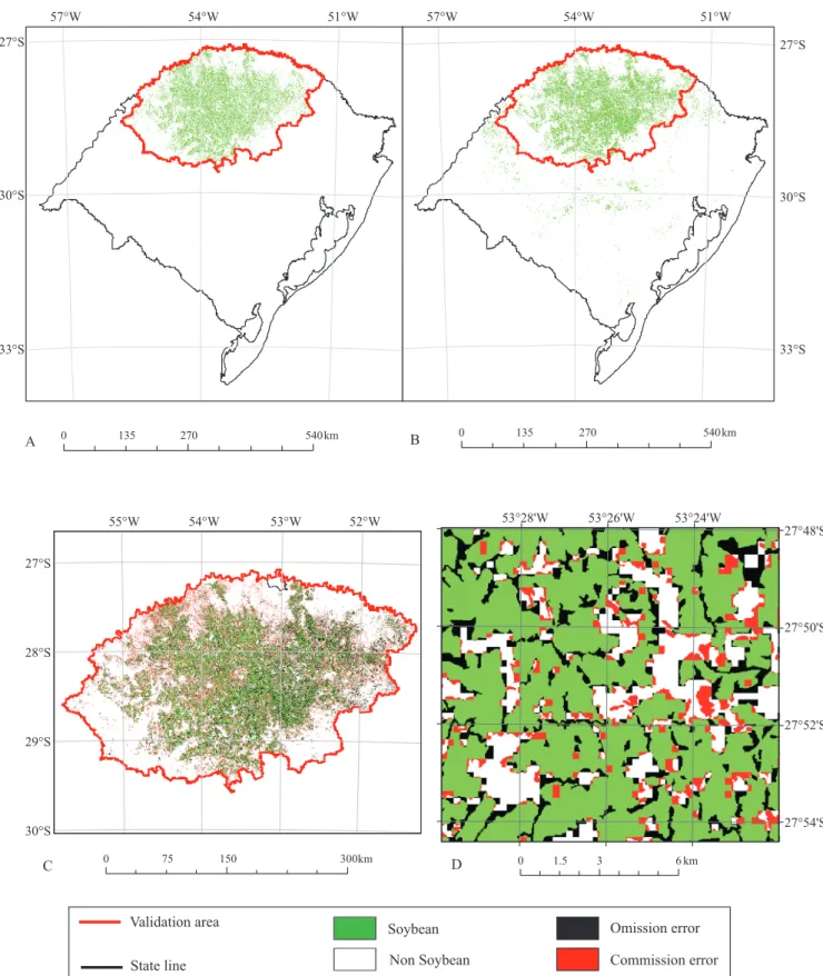 Figure 6.  Soybean map of the 2000/2001 crop year obtained by Rizzi &amp; Rudorff (2005) (A) and by the MCDA procedure for  the second forecast (B); validation between A and B (C); and enlargement of a validation sector (D).