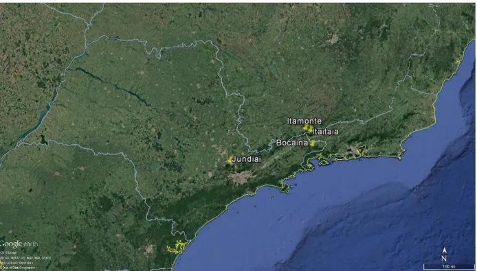 Figura 3. Imagem de satélite mostrando os quatro pontos onde foram realizadas as coletas (Fonte: Google  Earth, acessado em 28/01/2018)