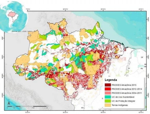 Figura 2  –  Desmatamento na Amazônia Legal detectado pelo Programa de Cálculo do                    Desflorestamento da Amazônia (PRODES) entre 2004 e 2015