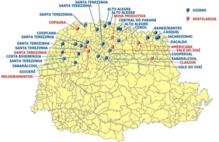 Figura 1 - Distribuição das Usinas de Cana-de-açúcar no estado do Paraná 