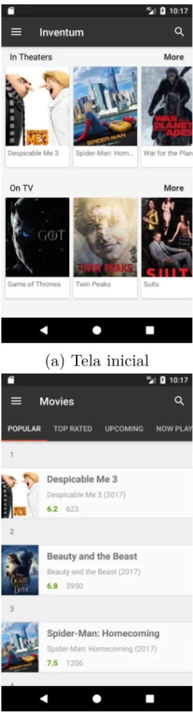 Figura 14 Ű Telas do aplicativo Inventum que mostram a tela inicial, as opções do menu lateral, e as telas de listagem de Ąlme e de séries de TV