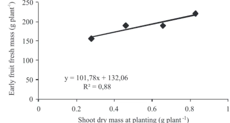 Figure 3. Relationship between early fruit yield of plants and  shoot dry mass of strawberry plants and the time growing  period of transplants in trays.