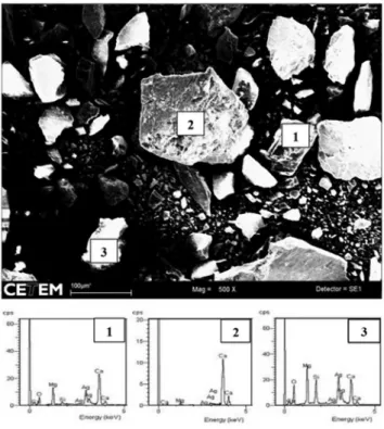 Figura 2. Imagem de MEV do estéril e os constituintes minerais identificados  por EDS: (1) dolomita, (2) calcita e (3) diopsídio