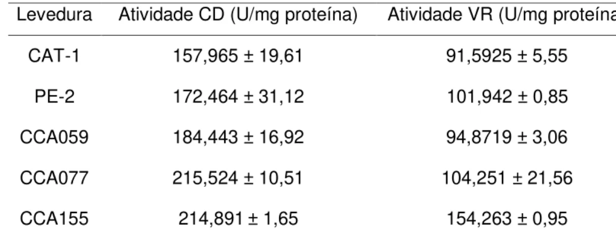 Tabela  4.    Atividade  específica  das  enzimas  cumarato  descarboxilase  (CD)  e  vinilfenol  redutase  (VR)  das  linhagens  de  D