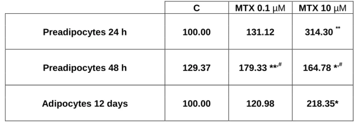 Table 1 – Total homocysteine released to the culture medium in % of control. After 24 h and 48 h  of  preadipocyte  treatment  and  after  12  days  of  adipocyte  differentiation  and  treatment  with  vehicle  (C,  0.1  M  NaOH)  or  MTX,  culture  mediu