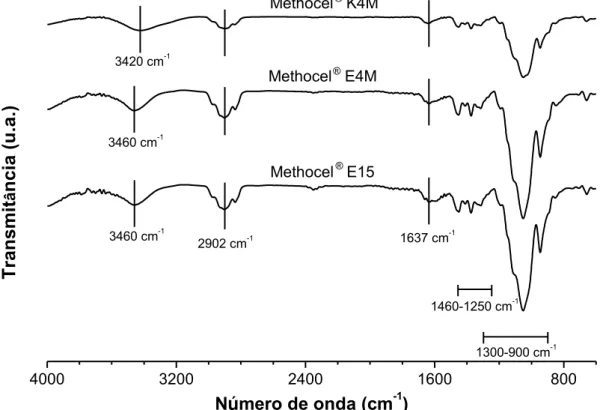 Figura 5.4  Espectros de absorção na região do infravermelho de filmes à base  de diferentes grades de hidroxipropilmetilcelulose