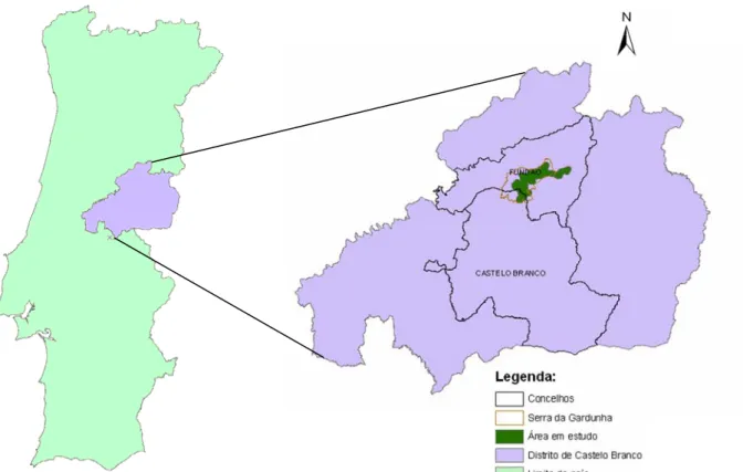 Figura 1: Localização da Serra da Gardunha e da área em estudo 