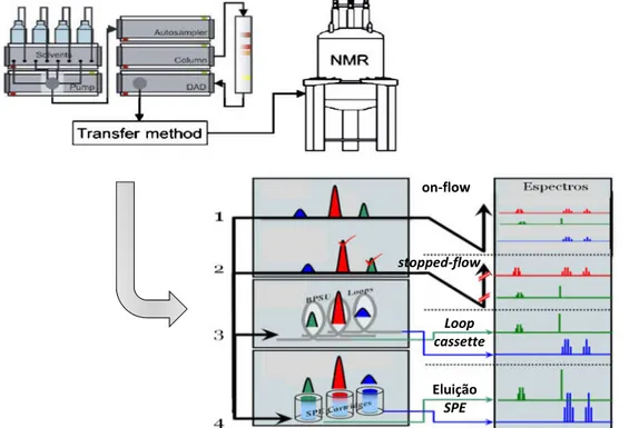 FIGURA 1.9 – Esquema geral com os modos de operação da hifenação LC-UV-NMR.  