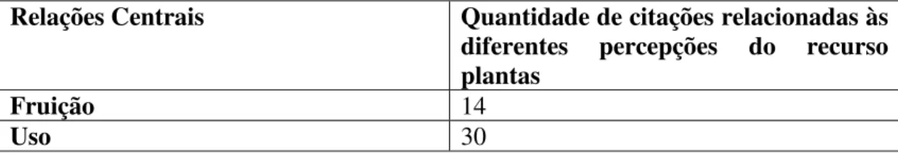 Tabela 3: Relações Centrais das Plantas e suas aparições nas falas dos entrevistados. 