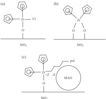 Figura 4. Imobilização direta de metaloceno sobre sílica após tratamento  térmico através da ligação µ-oxo com (a) hidroxila isolada e com (b)  hidro-xila vicinal