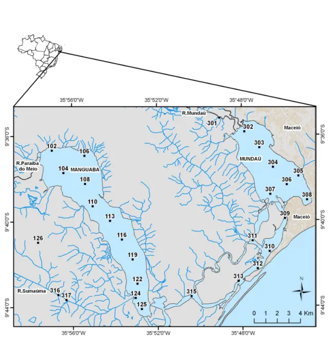 Figura 1S. Localização das estações de amostragem de sedimentos superficiais no CELMM, com indicação dos principais rios da região e da cidade de Maceió