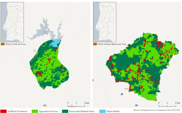 Figure 9. Land use in 2015 (A) Vale da Porca (TIPAU = APU and DEGURBA = 3); (B) Santa Barbara  de Nexe (TIPAU = APR and DEGURBA = 1).