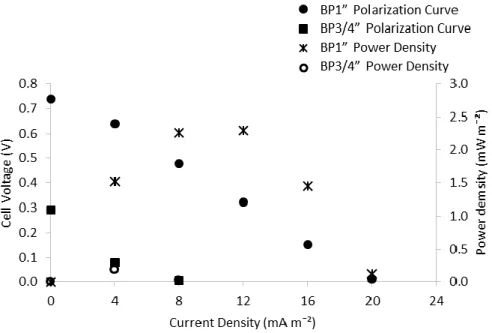 Figure 5 – Polarization and Power Density curves for the two anode electrode sizes. 