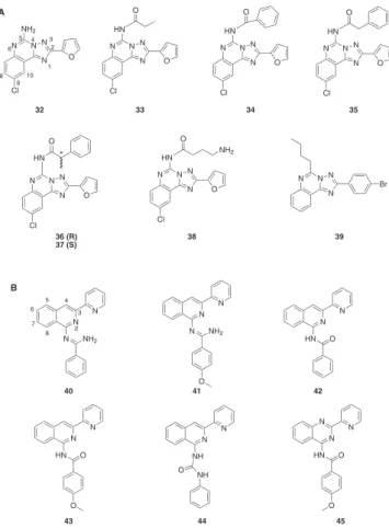 Figura 5. Antagonistas derivados da triazoloquinazolina (A), da isoquinolina  e quinazolina (B) N NNNHO NN NN OHN4647NNNNNNNHNHOOONNNNNNNHNHOO4849N12354678910OO2N1212ABC