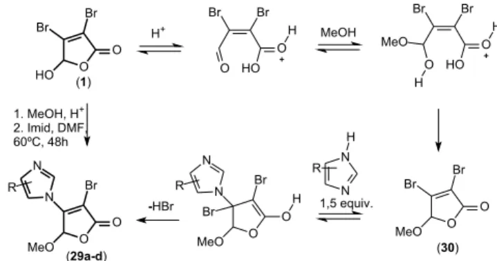 Tabela  3.  Atividade  antibacteriana  das  3-bromo-4-imidazo-γ-alcoxi-γ- 3-bromo-4-imidazo-γ-alcoxi-γ-furanonas 29a-d