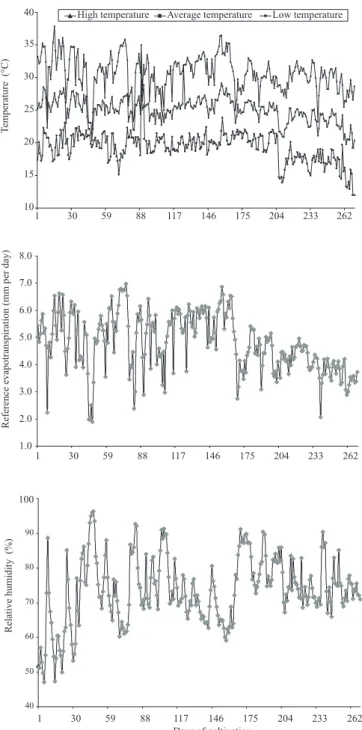 Figure  1.  Oscillation  temperature,  evapotranspiration,  and  relative humidity during the crop cycle of pepper-rosmarin  (Lippia sidoides)