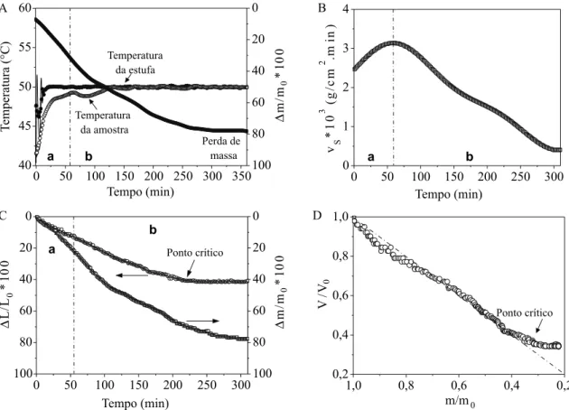 Figura 3. Resultados do monitoramento da secagem de um gel de alumina: (A) perda de massa e temperatura da amostra e da estufa; (B) velocidade de secagem  v s ; (C) retração linear do gel e perda de massa em função do tempo e (D) volume relativo em função 