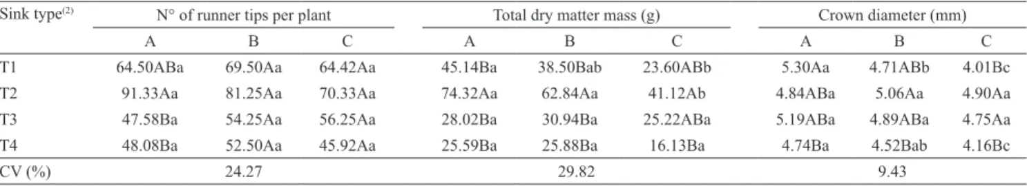 Table 1. Total number of runner tips per mother plant, total dry matter mass, and crown diameter of runner tips of strawberry  'Camino Real' mother plants without defoliation (A), with one defoliation at 96 days after planting (B), or with two defoliations