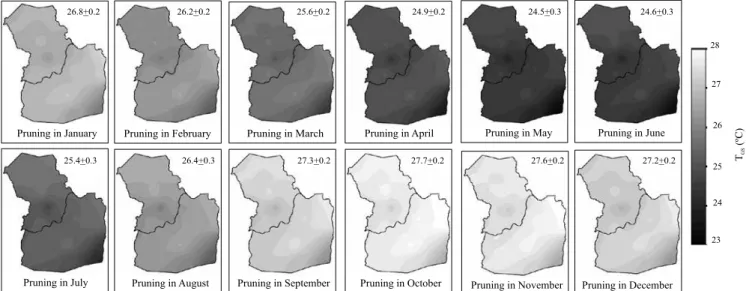 Figure 2. Spatial averages of mean air temperature values for a four-month wine grape (Vitis vinifera) growing season (T GS ),  considering climate data from a ten-year period, from 2003–2012, simulating different pruning dates, in the municipalities of  P