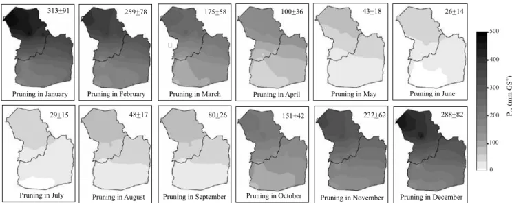 Figure 3. Spatial averages of total rainfall for a four-month average wine grape (Vitis vinifera) growing season (P GS ),  considering climate data from a ten-year period, from 2003–2012, simulating different pruning dates, in the municipalities  of Petrol