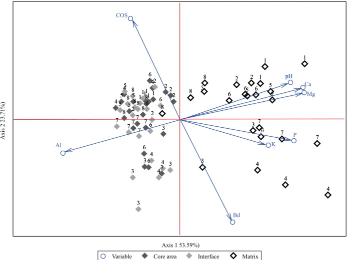 Figure 2. Sorting of the variables and sampled points in the first two axes, or main components, obtained by principal  components analysis (PCA), at the 0.0–0.2-m soil depth