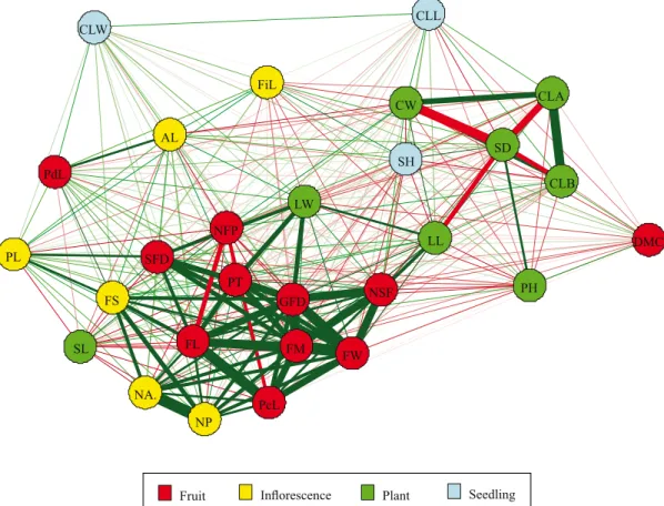 Figure 2.  Phenotypic correlation network of chili pepper (Capsicum spp.) traits. Red and green lines represent negative and  positive correlations, respectively