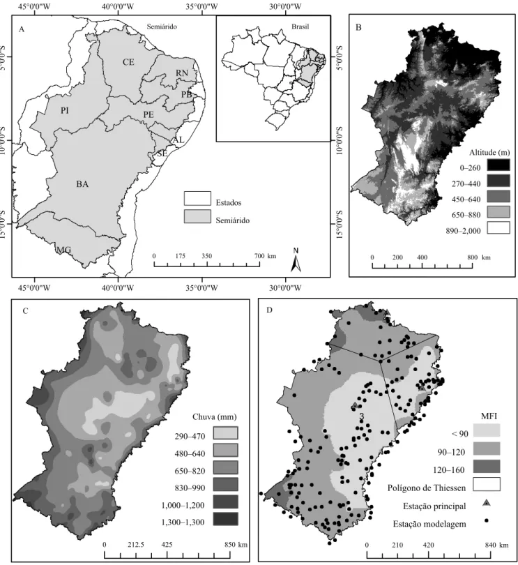 Figura 1. Mapas de localização da região semiárida brasileira (A), altitude (B) e chuva (C), bem como mapa anual do índice  de Fournier modificado (MFI) (D)