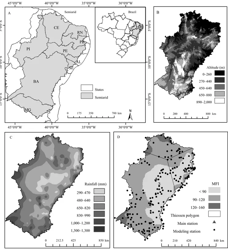 Figure 1. Location map of the Brazilian semiarid region (A), altitude map (B), rainfall map (C), and annual map of the  modified Fournier index (MFI) (D)