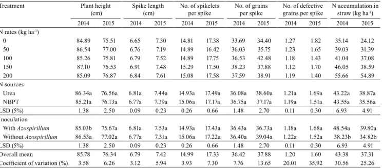 Table 1. Plant height, spike length, number of spikelets, number of grains per spike, number of defective grains per spike  and N accumulation in straw of wheat (Triticum aestivum), affected by N rates and sources, with or without inoculation with  Azospir