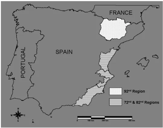 Figure 3: Location of regions in Spain where historical information was used for improving the estimation of the frequency curve.