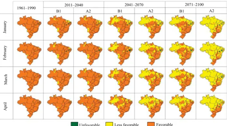 Figure 2. Climatic favorability for the grapevine downy mildew (Plasmopara viticola) in Brazil from January to April for  the climate normal (1961–1990) and future climates (2011–2040, 2041–2070, and 2071–2100) in the B1 and A2 scenarios.