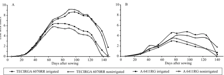 Figure 3. Daily dynamics of leaf area index of soybean (Glycine max ) cultivars TECIRGA 6070RR and A 6411RG grown  under irrigated or nonirrigated conditions as a function of days after sowing (DAS), in the municipalities of Santa Maria (A)  and Cachoeirin