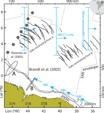 Figure 1. ISW composite map (see inset for location in the trop- trop-ical west Atlantic) with SAR observations limited to the dashed black envelope