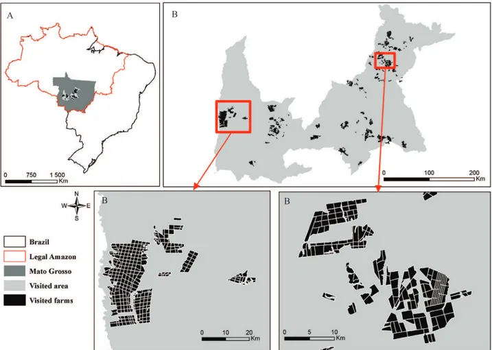 Figure 1. Location of the state of Mato Grosso in Brazil (A) and of the visited farms (B).