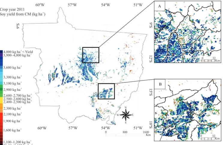 Figure 5. Soybean (Glycine max) yield distribution mask from the coupled model (CM) estimation in the 2011 crop year  in: A, the municipality of Sinop and adjacent municipalities; and B, the municipality of Primavera do Leste and adjacent  municipalities, 