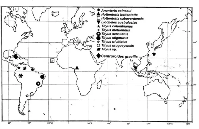 Figure 13. Map showing the distribution of parthenogenetic populations of scorpions. 