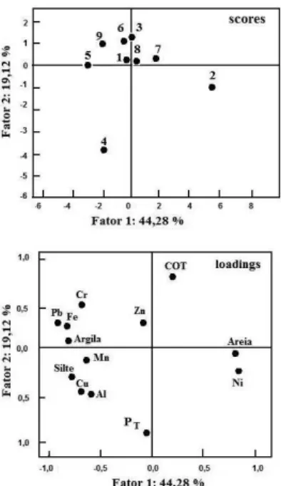 Figura 3. Projeção dos scores e loadings das amostras de sedimento (CP1 x  CP2) para os pontos estudados no Lago de Itaipu