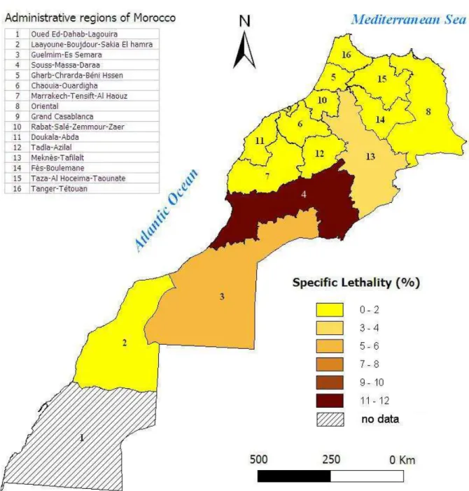 Figure 7. Distribution of snakebite specific lethality by administrative region of  Morocco