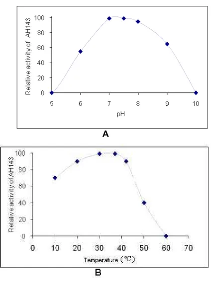Figure 7. AH143 activity depends on pH (A) and temperature (B). 