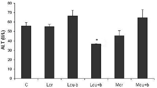 Figure 2. Activity of alanine aminotransferase [ALT (U/L)] in control and treated  groups (Lcr, Lcu-b, Lcu+b, Mcr and Mcu+b) after two months of treatment