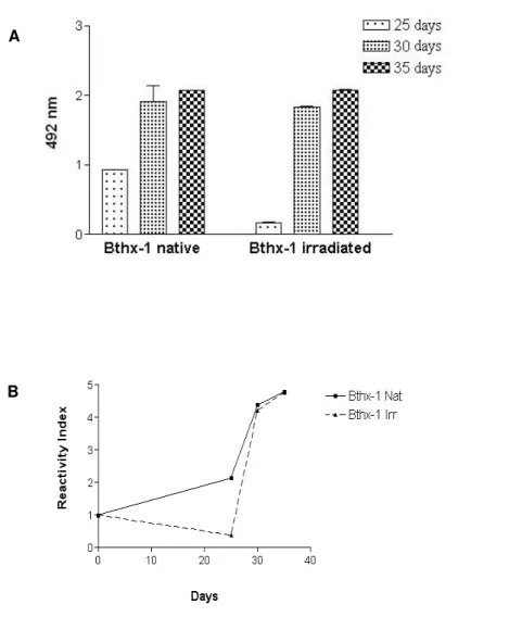Figure 2. ELISA for detection of antibodies against native (Nat) and irradiated (Irr)  bothropstoxin-1 samples (A)