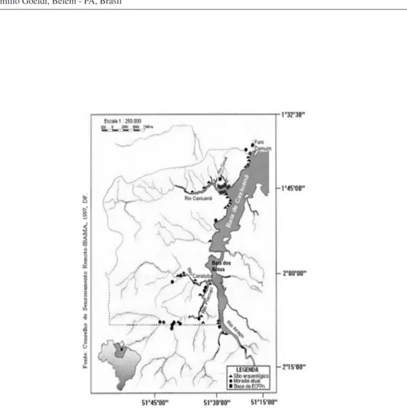 Figura 1S. Mapa de localização da região de Caxiuanã, indicando a base da Estação Cientíica Ferreira Pena (ECFP) e vários sítios arqueológicos às margens  da Baía de Caxiuanã (o sítio arqueológico Ilha de Terra está situado no furo Camuim, extremo norte da